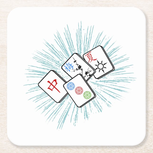 Mahjong Tiles Blue Square Paper Coaster (Front)
