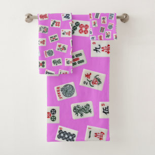 MahJong tiles design on pink Bath Towel Set