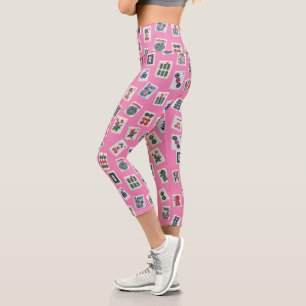MahJong tiles symbols on pink Capri Leggings