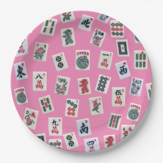 MahJong tiles symbols on pink Paper Plate
