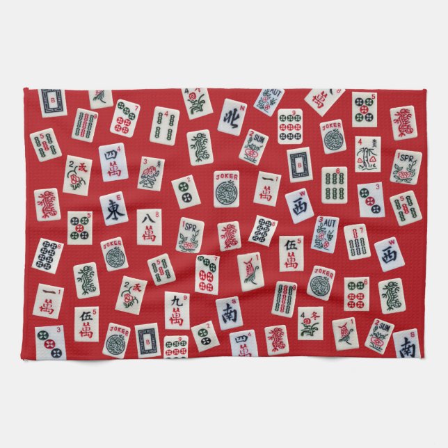 MahJong tiles (symbols) on red Tea Towel (Horizontal)