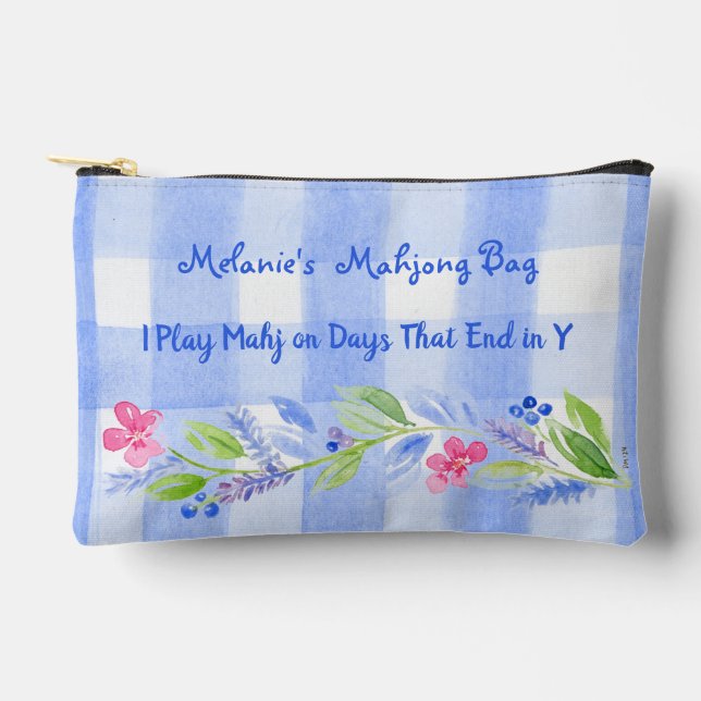 Mahjong Watercolor Flower Check Zip Tile Dice Bag  (Front)