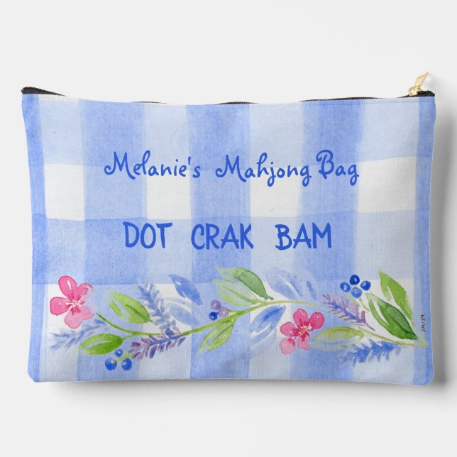 Mahjong Watercolor Flower Check Zip Tile Dice Bag  (Back)