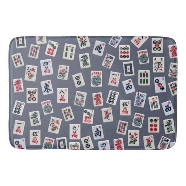 MahJongg tiles design on dark blue Bath Mat (Front)