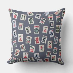 MahJongg tiles design on dark blue Cushion