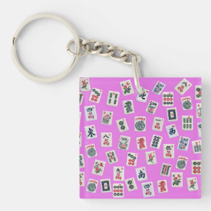 MahJongg tiles on pink background Key Ring
