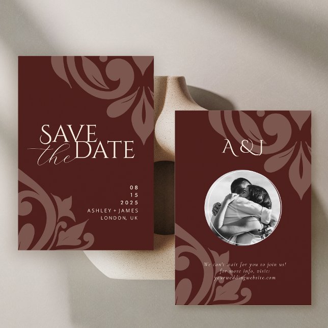 Mahogany Red Classic Damask Elegant Photo Wedding Save The Date (Creator Uploaded)