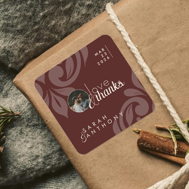 Mahogany Red Classic Damask Elegant Photo Wedding Square Sticker (Creator Uploaded)