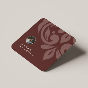 Mahogany Red Classic Minimal Damask Photo Wedding Square Paper Coaster