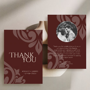 Mahogany Red Classy Elegant Damask Photo Wedding  Thank You Card