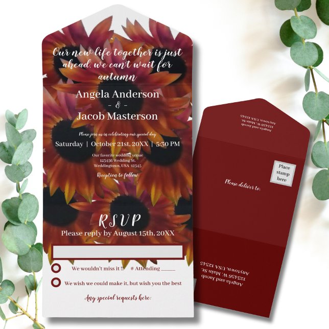 Mahogany Sunflower Autumn Wedding  All In One Invitation (Creator Uploaded)