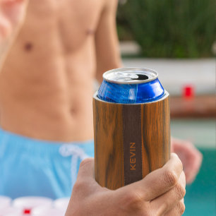 Mahogany Wood And Leather Texture Monogram Can Cooler