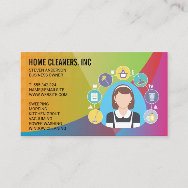 Maid and Cleaning Services Icons | Colourful Business Card (Front)