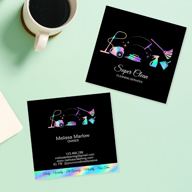 Maid Cleaning House Holographic Sparkling Business Square Business Card (Creator Uploaded)