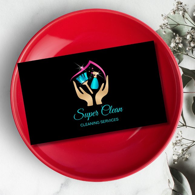 Maid Cleaning House professional Cleaning Services Business Card (modern logo gold hands holding house cleaning tools and roof)