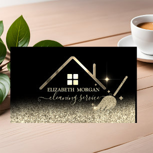  Maid Cleaning House Roof Gold Glitter Black Business Card