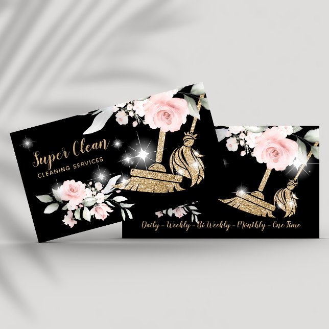 Maid Cleaning House Sparkling Gold Floral Business Card (Creator Uploaded)