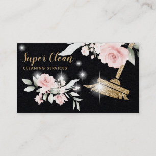 Maid Cleaning House Sparkling Gold Floral Business Card