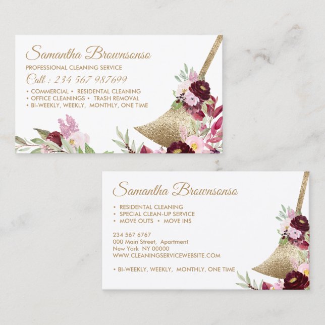 Maid Cleaning House Sparkling Gold Pink Floral Business Card (Front/Back)