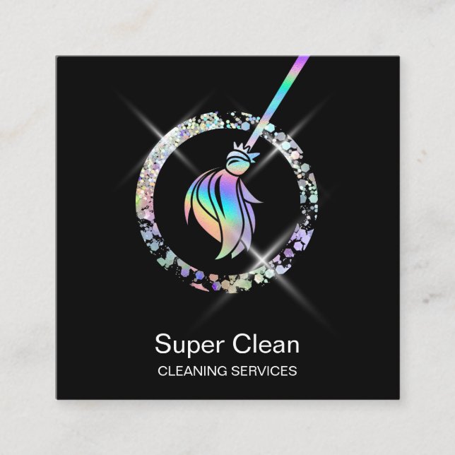 Maid Cleaning House Sparkling Holograph Broom Squa Square Business Card (Front)