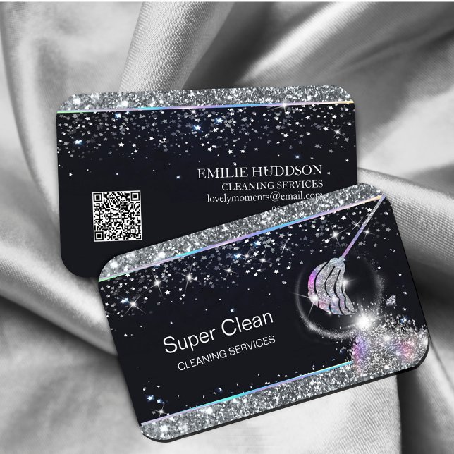 Maid Cleaning House Sparkling Holograph QR code  Business Card (a symbol of trust and quality in-home cleaning #maid #holograph #sparkles #glittersilver)