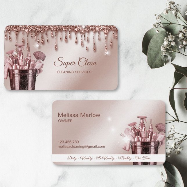 Maid Cleaning House Sparkling rose gold Business C Business Card (rose gold glitter cleaning tools)