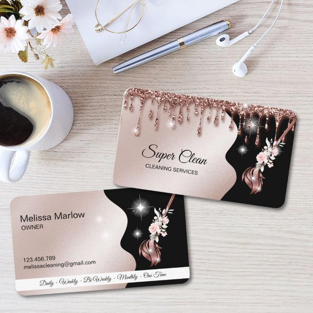 Maid Cleaning House Sparkling rose gold Business Card (Maid Cleaning House Sparkling Business Card with rose gold broom logo, glitter and flowers)