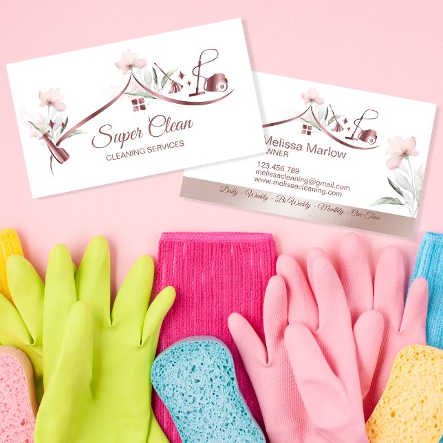 Maid Cleaning House Sparkling rose gold floral Business Card (Creator Uploaded)