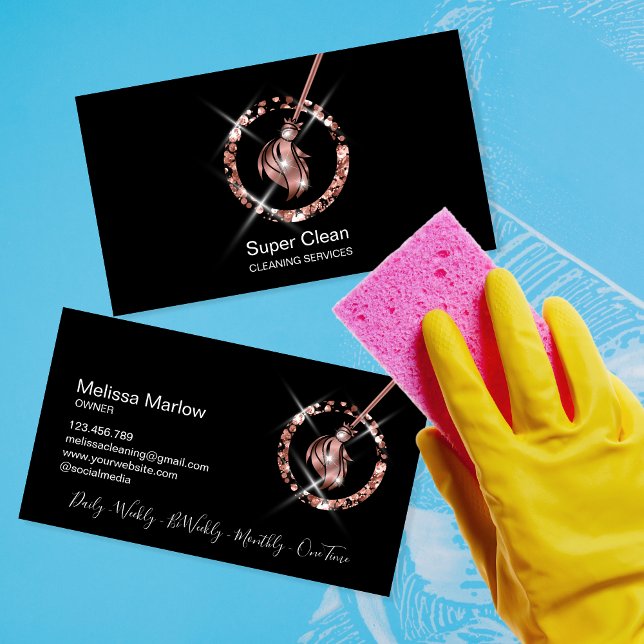 Maid Cleaning House Sparkling Rose Gold Glitter Business Card (Creator Uploaded)