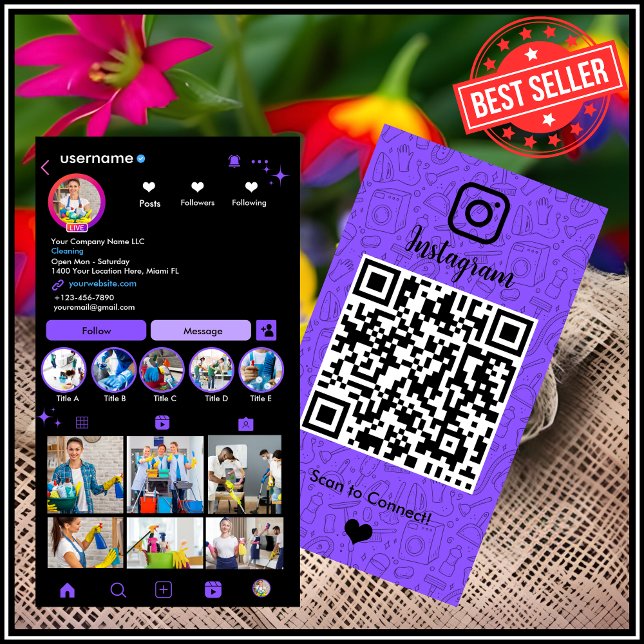 Maid Cleaning Instagram Purple | Housekeeping QR Business Card (Creator Uploaded)
