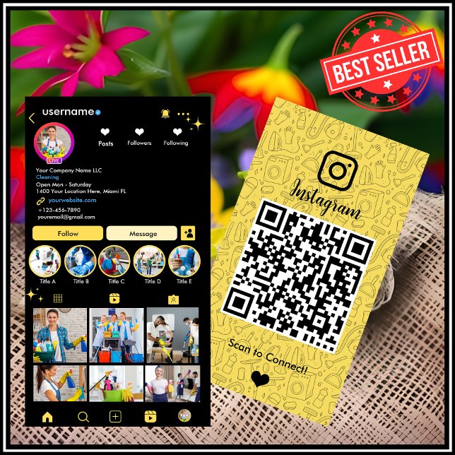 Maid Cleaning Instagram Yellow Housekeeping QR Business Card (Creator Uploaded)