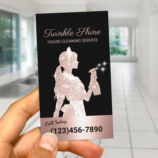 Maid Cleaning Rose Gold Sparkles Housekeeping Business Card (Creator Uploaded)