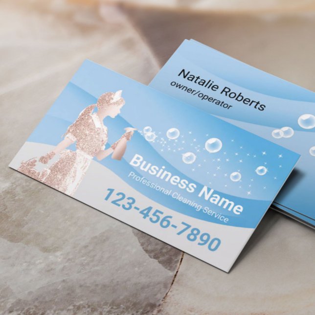 Maid Cleaning Service Modern Blue Curves Business Card (Creator Uploaded)