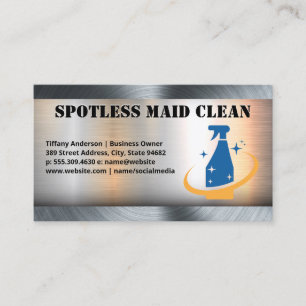 Maid Cleaning Spray Logo Metal Background Business Card