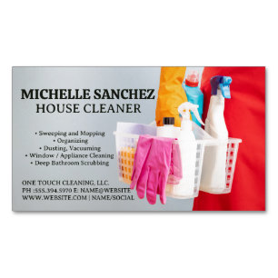 Maid Holding Basket of Cleaning Products Magnetic Business Card