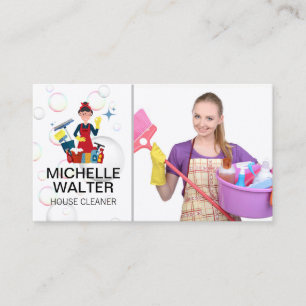 Maid Holding Cleaning Supplies Soap Bubbles Business Card