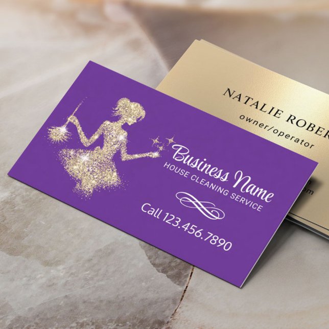 Maid House Cleaning Service Modern Purple & Gold Business Card (Creator Uploaded)