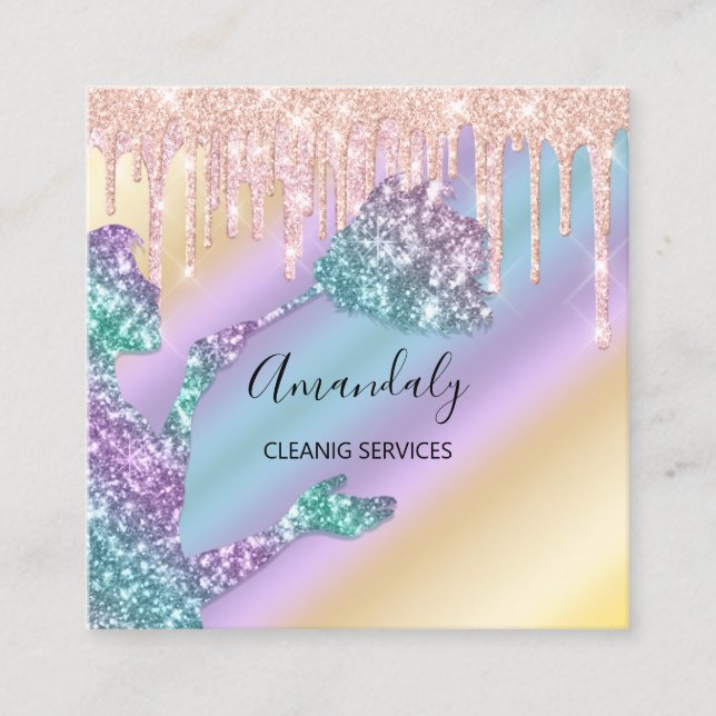 Maid House Cleaning Services Logo Drips Glitter Square Business Card (Front)