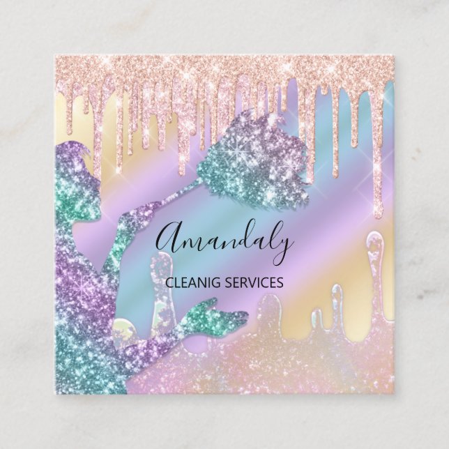 Maid House Cleaning Services Logo Drips Holograph Square Business Card (Front)