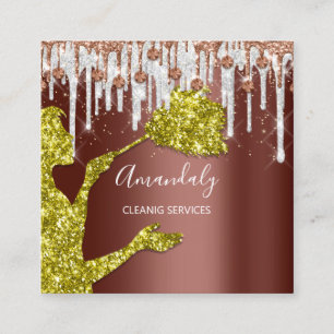 Maid House Cleaning Services Logo Grey Drip Bronze Square Business Card