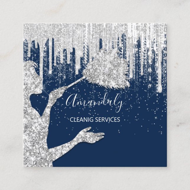 Maid House Cleaning Services Logo Grey Drip Navy Square Business Card (Front)