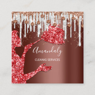 Maid House Cleaning Services Logo Grey Drip Red Square Business Card