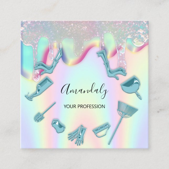 Maid House Cleaning Services Logo Holograph Drip Square Business Card (Front)
