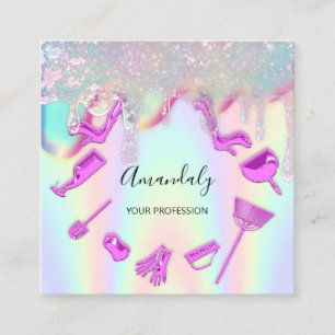 Maid House Cleaning Services Logo Holograph Drips Square Business Card