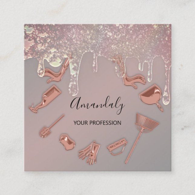 Maid House Cleaning Services Logo Rose Drips Ombre Square Business Card (Front)
