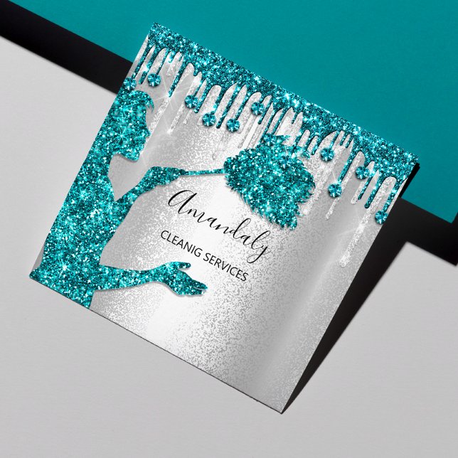 Maid House Cleaning Services Logo Silver Diamond Square Business Card (Creator Uploaded)