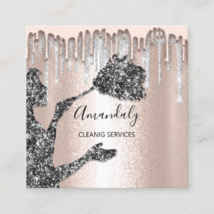 Maid House Cleaning Services Logo Silver Drip Grey Square Business Card