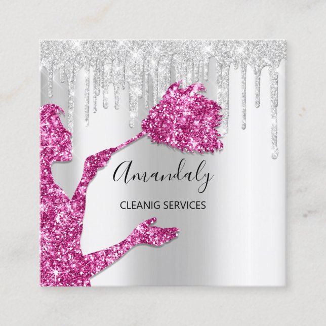 Maid House Cleaning Services Logo Silver Glitter Square Business Card (Front)