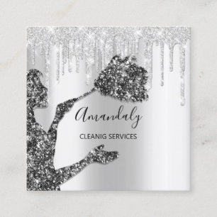 Maid House Cleaning Services Logo Silver Grey Glam Square Business Card