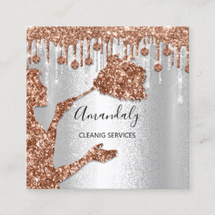 Maid House Cleaning Services Logo Silver Rose Gold Square Business Card